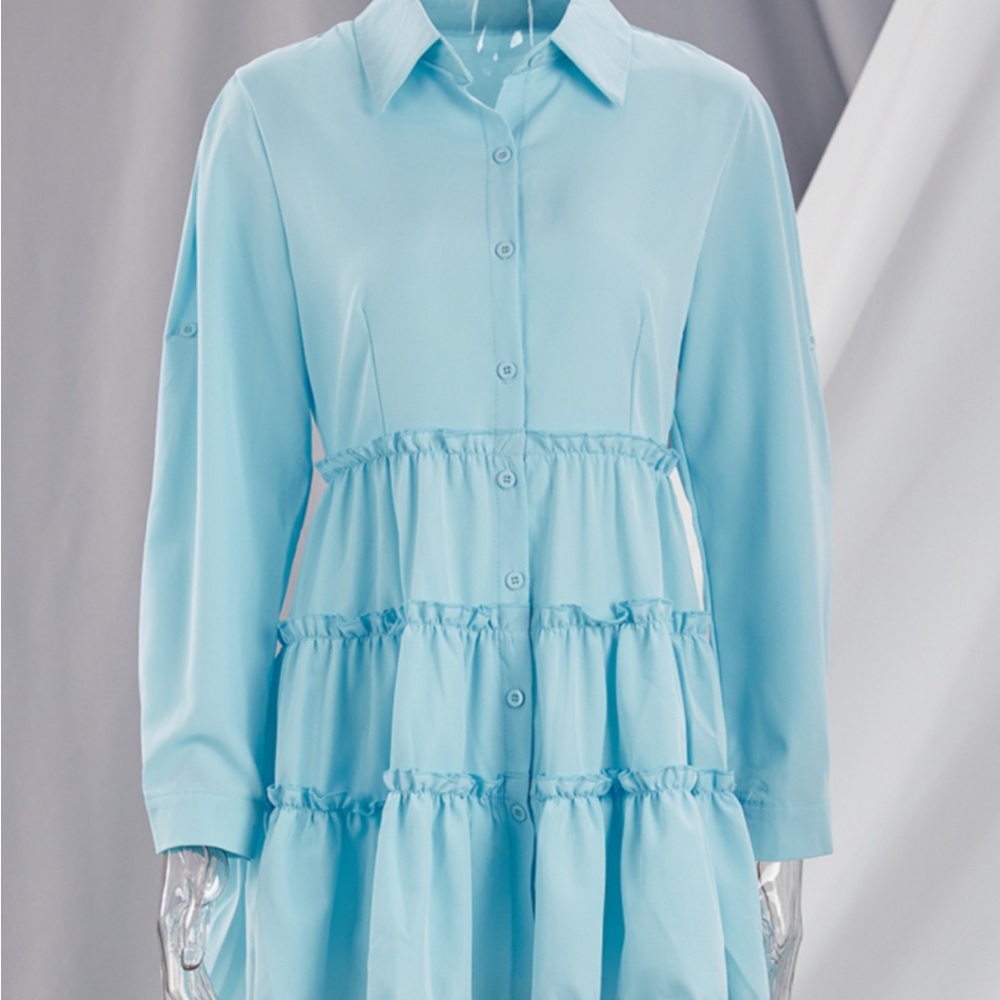 Light Blue Tiered Button-Up Dress